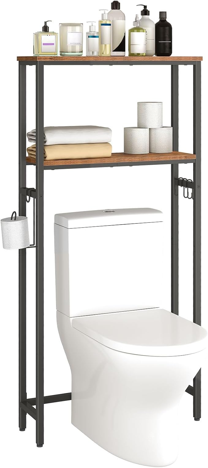 HOOBRO Over The Toilet Storage, 2-Tier freestanding Over the Toilet Storage, Bathroom Organizer Over Toilet with Toilet Paper Holder and Hooks, Space Saver for Room, Rustic Brown and Black BF49TS01 - Image 8