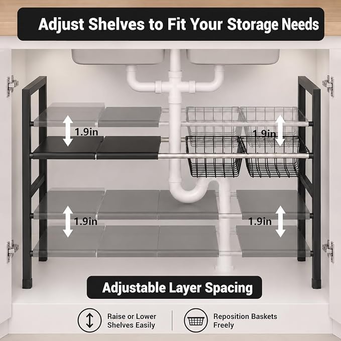 Expandable Under Sink Organizer, 2 Tier Under Sink Shelf, Height Adjustment, Under Sink Shelves with 3 Removable Baskets and 3 Removable Panels for Bathroom Kitchen Pantry Cabit black 21.65in - Image 5