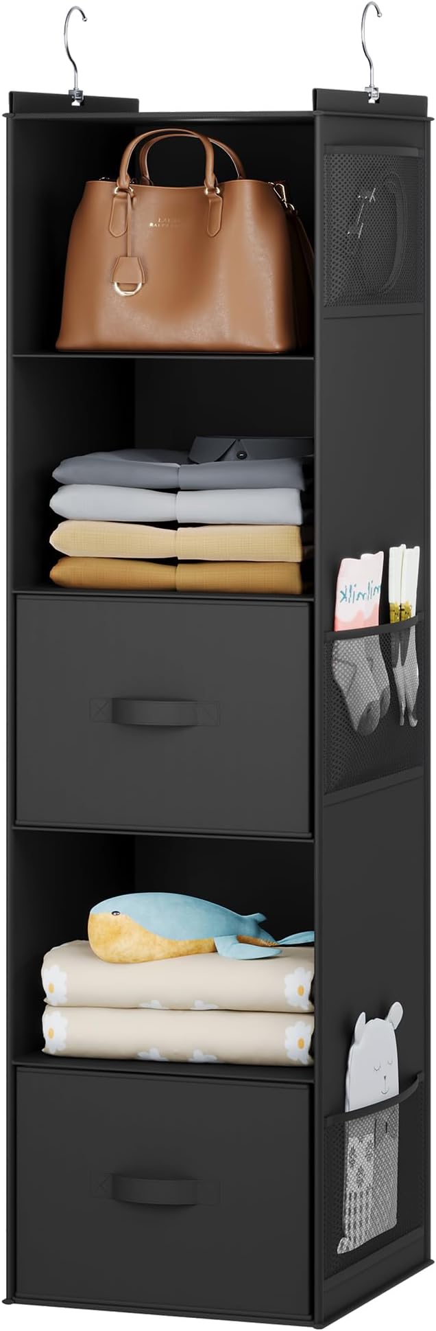 YOUDENOVA Hanging Closet Organizer, Hanging Shelves with Drawers, Black | Closet Organizers and Storage with 6 side pockets, Foldable Storage for Clothes, Socks, Underwear & More, Breathable Fabric by YOUDENOVA