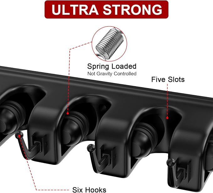 LETMY Broom Holder Wall Mount - Mop and Broom Hanger Holder - Garage Storage Rack & Garden Tool Organizer - 5 Position 6 Hooks Broom Rack for Home, kitchen, Garden, Tools, Garage Organization - Black - Image 5