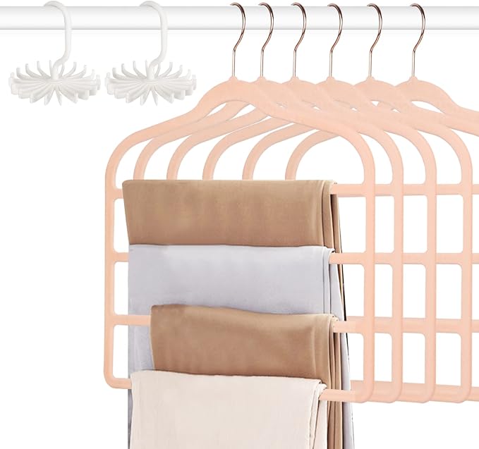 Tinfol Velvet Pants Hanger Space Saving with Hook, 6pc 4 Layers Non-Slip Jeans Hangers, Pink Multiple Clothes Hangers Closet Storage Organizer forJeans Scarf Towels Tie Towel by Tinfol