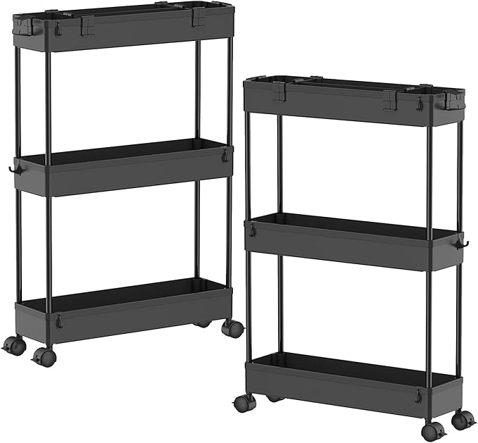 SPACELEAD 2-piece Set Slim Storage Cart 3 Tier,Bathroom Organizer Rolling Utility,Mobile Shelving Unit Slide Out for Office, Kitchen, Laundry Room & Narrow Places by Home