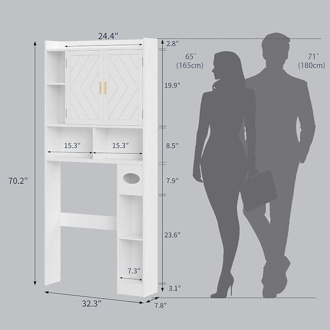 VECELO Over The Toilet Storage Cabinet, Storage Cabinet Over Toilet with Adjustable Shelves & Toilet Paper Holder Stand, Home Space-Saving Toilet Storage, for Bathroom, Restroom, Laundry, White - Image 2