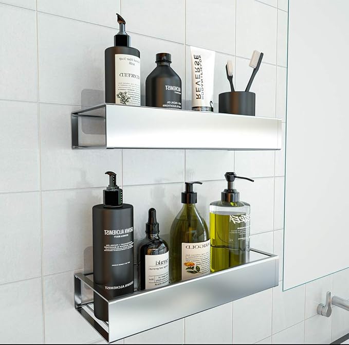 Bathroom Adhesive Shower Caddy Basket Shelf with Hooks, No Drilling Removable Bathroom Shelf Organizer,Stainless Steel Rustproof Shower Rack for Shampoo Storage, Sponge Holder-Silver - Image 8
