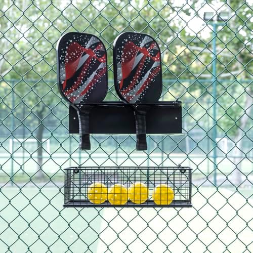 MyGift 16.5 Inch Black Metal Pickleball Paddle Rack and Ball Storage, Wall Mounted or Fence Hanging Equipment Organizer with Racket Holder and Basket for Balls (Pack of 2) - Image 7