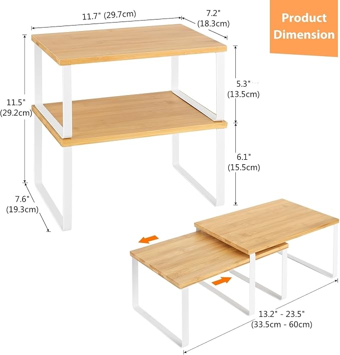 NEX Bamboo Kitchen Cabinet and Counter Shelf Organizer, Stackable & Expandable, Set of 4, White and Natural - Image 3