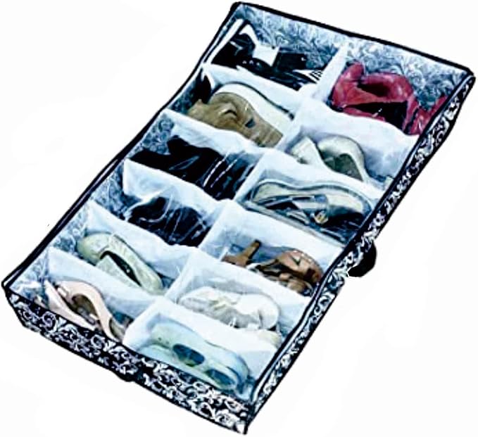 12 Cells See Through Underbed Shoes and Boots Storage Bag Organizer with Black and White Flower (Black) - 40.9x24.4x5.51 Inch by Shonpy