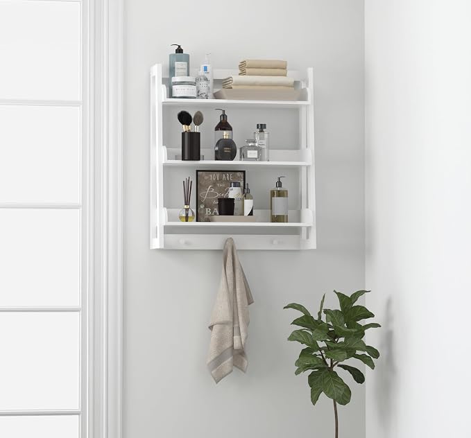 UTEX Bathroom Wall Shelf, 3-Tier Wall-Mounted Organizer with Hooks, White - Image 6
