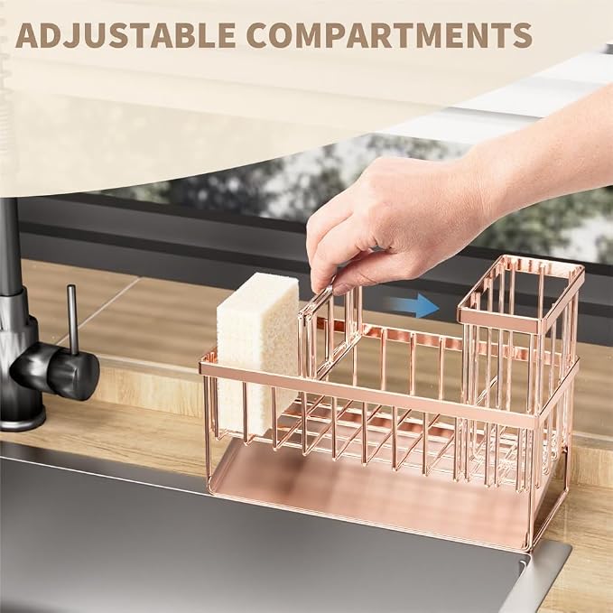 Cisily Sink Caddy Organzier with High Brush Holder, Sponge Holder for Sink, 304 Rustproof Stainless, Kitchen Countertop Soap Dispenser Organizer, Rose Gold Kitchen Decor and Accessories - Image 3