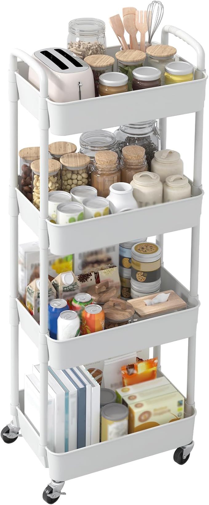 Sywhitta 4-Tier Plastic Rolling Utility Cart with Handle, Multi-Functional Storage Trolley for Office, Living Room, Kitchen, Movable Storage Organizer with Wheels, White (Pack of 2) - Image 9