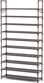 VTRIN 10 Tiers Shoe Rack Tall Large Capacity Wide Shoe Organizer Sturdy Shoe Shelf for Entryway with Two Hooks Metal Shoe Storage for Closet, Bedroom, Brown - Image 8