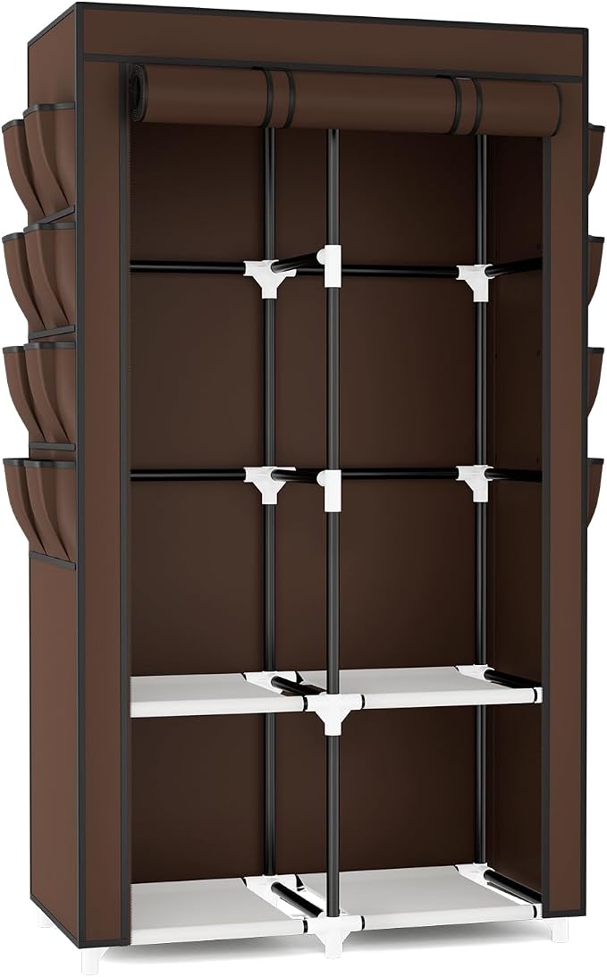 Portable Closet for Hanging Clothes, Portable Wardrobe Closet with Cover, 4 Storage Shelves, 2 Hanging Rods and 8 Side Pockets Easy Assembly and Sturdy Free Standing Closet for Bedroom Brown - Image 8