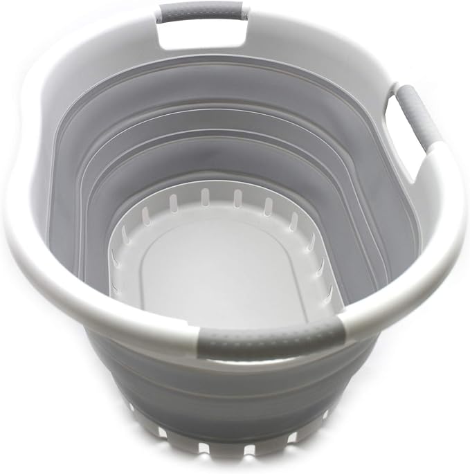 SAMMART 36L (9.5 gallon) Collapsible 3 Handled Plastic Laundry Basket-Foldable Pop Up Storage Container/Organizer-Space Saving Basket (3 handled Oval, Grey/Grey) by SAMMART