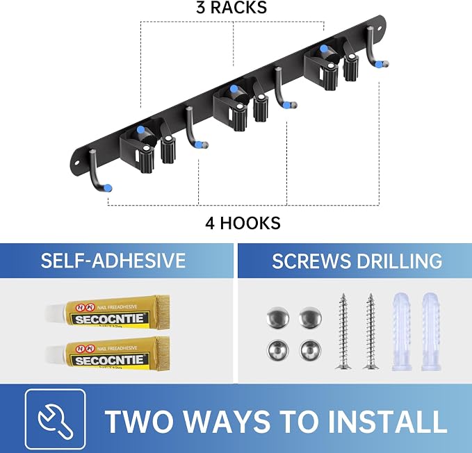 ZONGOOL Wall Mount Broom Holder 3 Racks 4 Hooks Metal Tool Organizer Black - Image 6