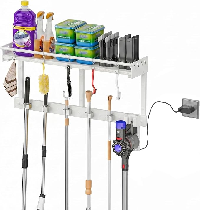 Broom Holder Wall Mount with Shelf,Broom Hanger,3 in 1 Broom and Mop Organizer Wall Hanging for Laundry,Garage,Utility,Broom Rack,Vacuum Stand Alternative,Cleaning Supplies Organizer Storage,White,L by Unknown