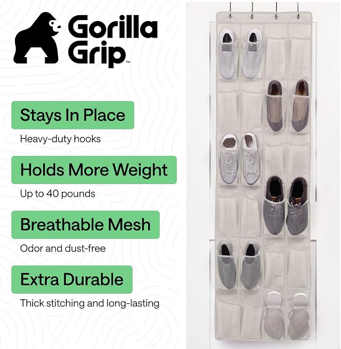 GORILLA GRIP Over the Door Shoe Organizer, 24 Large Pockets, Linen | Breathable Mesh Pocket, Space Saving Hanging Storage Holder, Closet Rack Hanger for Shoes, Pantry and Bathroom Accessories - Image 2