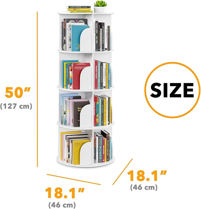 SpaceAid 4 Tier Rotating Bookshelf Tower, Spinning Bookcase Lazy Susan, Revolving 360 Book Shelf Storage Round Carousel, Vertical Rotate Turning Spiral Corner Organizer, White - Image 2