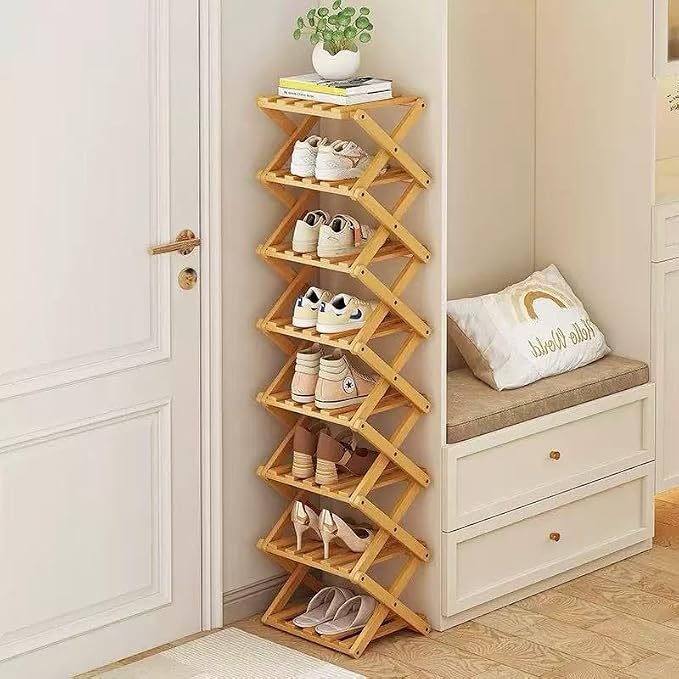 8 Tier Foldable Shoe Rack, Bamboo Vertical Shoe Organizer Tall for Multifunctional Narrow Shoe Shelf for Entryway, Closet, Corner, Bedroom, Hallway(Natural) by XZXWZX