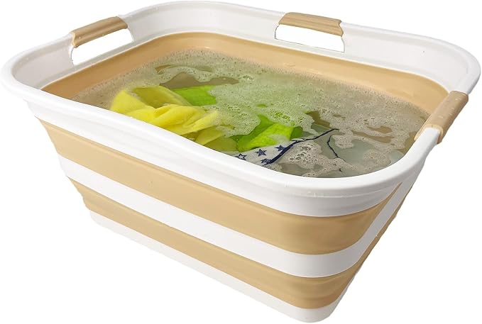SAMMART 42 (11 Gallons) Collapsible Plastic Laundry Basket, Foldable Pop Up Storage Container/Organizer, Space Saving Hamper, Portable Bin for Dorm Room Bathroom (2, White/Beige) - Image 3