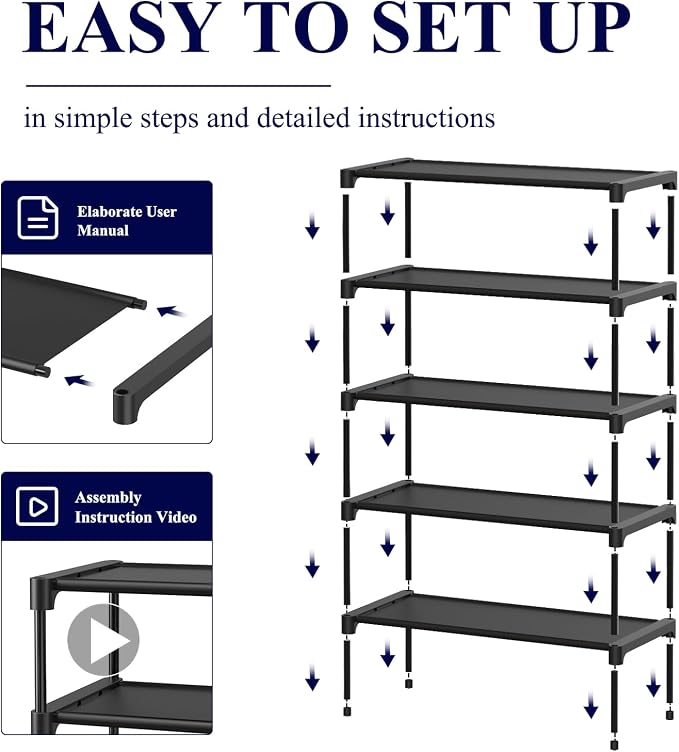 Kitsure Shoe Rack - Non-Woven Shoe Rack Shelf, Shoe Organizer for Closet, Entryway, Garage & Corridor, Stackable Shoe Shelves, 27.5" Wide - 5 Tier, Black | Shoe Organizer for Closet, Entryway, Garage, Stackable Shoe Shelves, college dorm&apartment esse... - Image 4