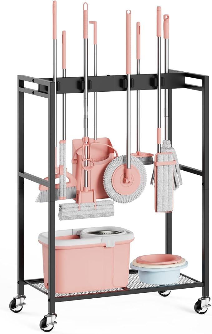 Broom and Mop Holder, MUNNAR Broom Closet Storage Cabinet, Cleaning Cart with Broom and Mop Hanger, Janitorial Cart with Wheels for Household, Laundry Room Organization by MUNNAR