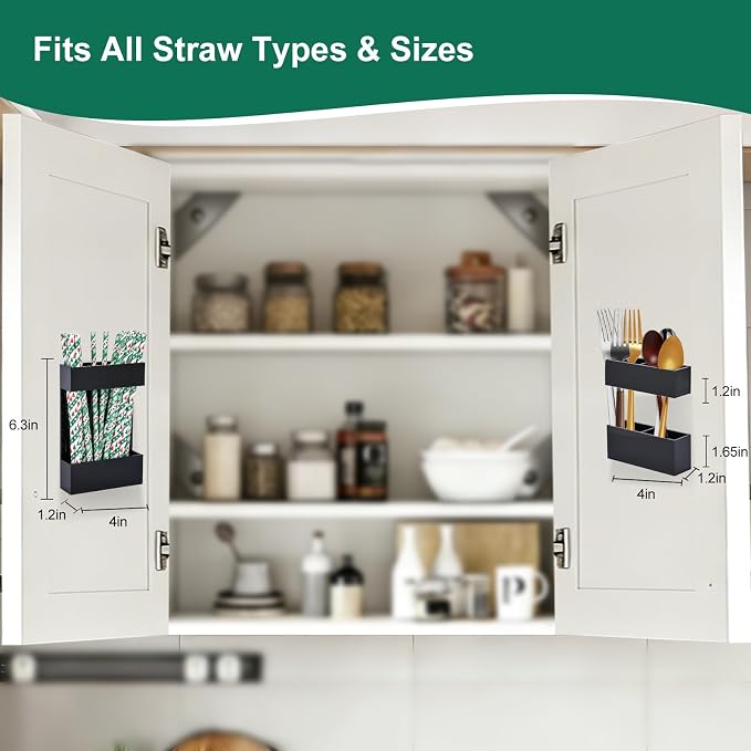 2 PACK Small Acrylic Straw Holder for Cabinet Doors，Straw Organizer Storage with Most Sizes，Multi-Function Kitchen Accessories Container with Adhesive Round Pads(black) - Image 2