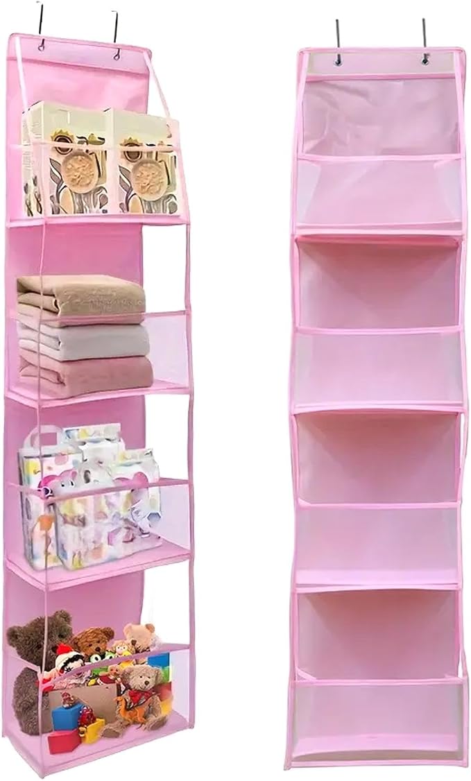 Hanging Closet Organizer, 4 Shelf Over The Door Organizer with 2 Hooks, Space Saving Behind the Door Storage Shelves for Pantry, Bathroom, Bedroom, Nursery(Color:Pink) - Image 8