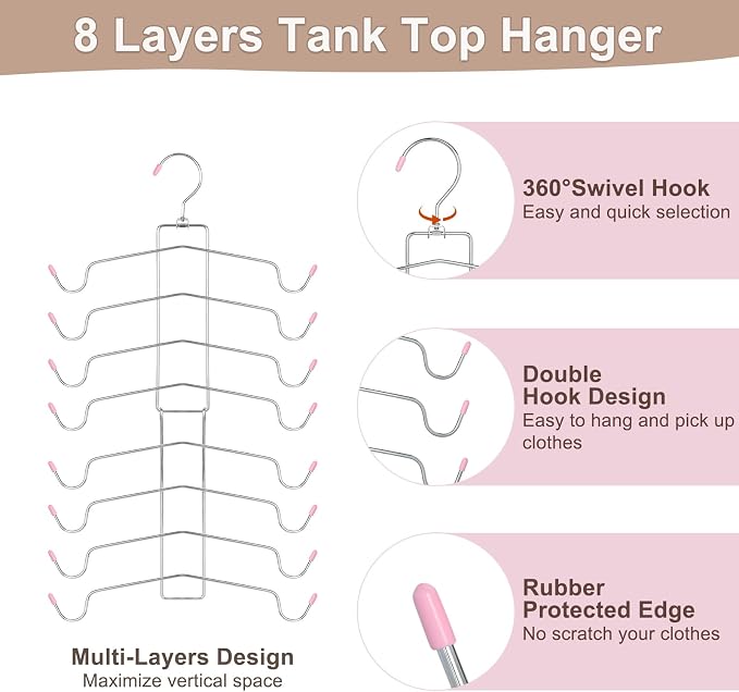 TOPIA HANGER 4 Pack Gym Clothes Organizer, 2 Pack Tank Top Hangers with 2 Pack Leggings Hangers Space Saving Hang 20 Sets Tank Top Bra with Leggings Shorts Pants for Closet Women Pink CT78P - Image 6