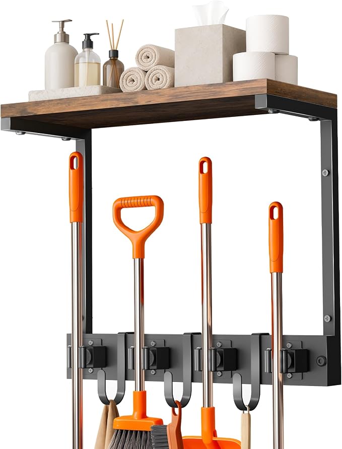 Supforce Small Broom Holder Wall Mount with Shelf, 4 Slots 3 Hooks by Supforce
