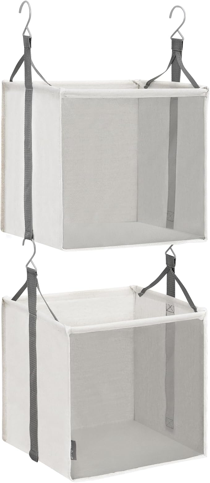 STORAGE MANIAC 2-Tier Hanging Closet Organizer, Fabric Storage Baskets with Hooks, Closet Shelves for Dorm Room, Apartment, Bedroom, Garment Rack & Wardrobe, Ivory by STORAGEMANIAC