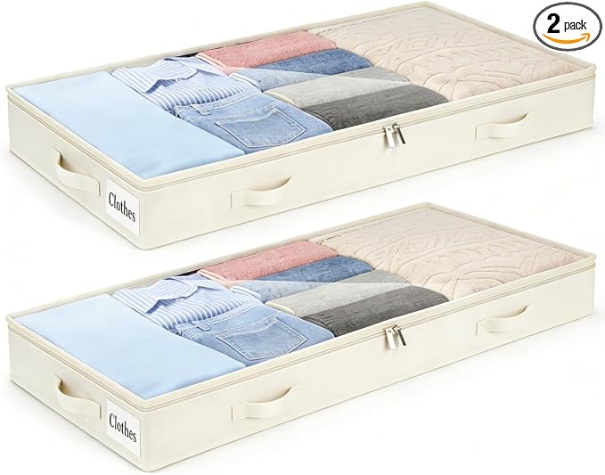 4 Inch Low Profile Under Bed Storage Drawer 2 Pack, Lightweight Underbed Clothes Storage Container Bins With NO STURCTURE, Shallow Storage Bag for Dorm & Home, With Clear Lids & Water-Resistant Fabric by KUKIKAN