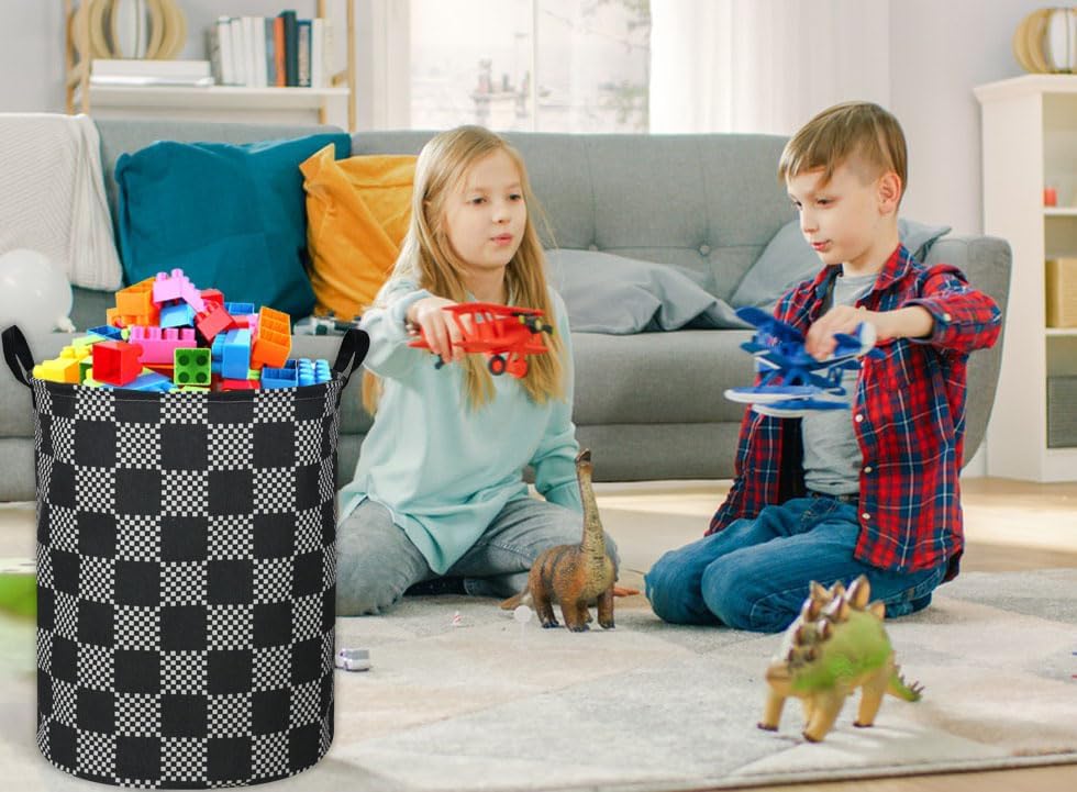 ESSME Boys Laundry Hamper,Kids Hamper Collapsible Canvas Waterproof Storage Bin for Boy, Nursery Hamper,Gift Baskets,toy bins(Black grid) - Image 5