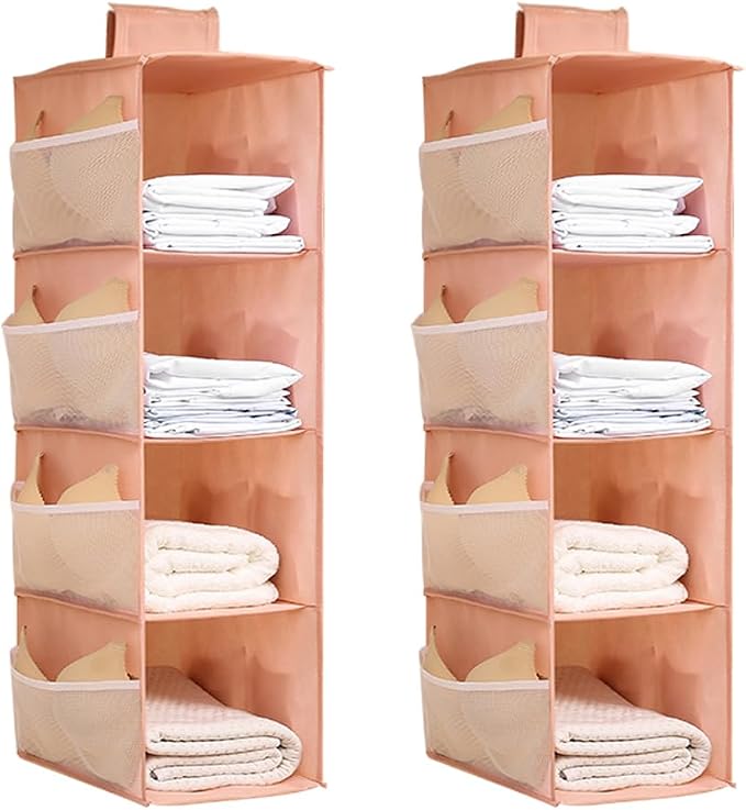 Hanging Closet Organizer, 4-Section Storage Shelves, Oxford Cloth with Mesh Pockets, (Pink, 4 Section) by Fasolara
