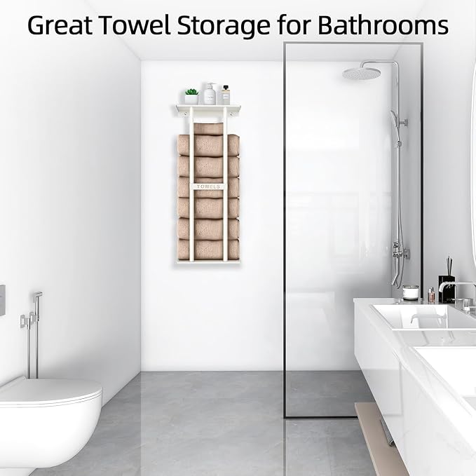 STWWO Wall Towel Rack for Rolled Towels, Towel Storage for Small Bathroom Can Holds 6 Large Towels, 30 inch Towel Racks with Shelf, White - Image 3
