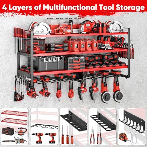POKIPO Upgrade Large power tool organizer Wall Mount,4 Layers Heavy Duty Metal Loads 400lbs Power Tool Hanger Shelf Battery Storage with 8 Cordless Drill Bit Holder,Utility Racks for Garage Tool Room - Image 4