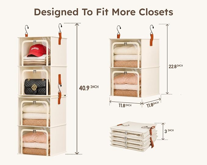 Homsorout 4-Tier Modular Hanging Closet Organizer Shelves, Beige | 40.9" Height, 2+2 Modular Design, Vertical Closet Storage, Clear Window, Easy Access, Walk-in Closet, Bedroom, Dorm, RV - Image 3