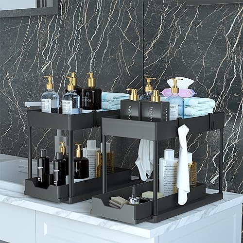 MEAFBIRD 2 Pack Under Sink Organizer, 2 Tier Bathroom Cabinet Organizer with Sliding Basket, Multi-Purpose Under Sink Organizers and Storage for Bathroom Kitchen (Black 2 Pack) - Image 6