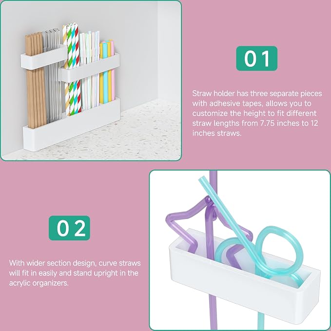Acrylic Straw Organizer for Cabinet Door - 9.5'' Large White Adjustable 3-Part Reusable Drinking Straw Holder Dispenser Kitchen Accessories Container Cupboard Door Mounted - Image 6