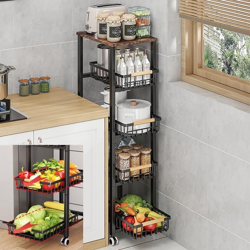 CarolynDesign Metal Wire Baskets with Wheels, Kitchen Storage Stackable Vegetable Fruit Cart Bins with Pull Out Wooden Handel Mat Bottom Sliding Dawers, for Bathroom, Garage and Pantry by CarolynDesign