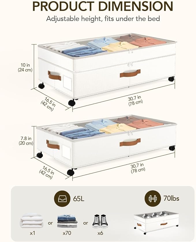 Under Bed Storage with Wheels, 10 inches Under Bed Storage Containers, 65L XXL Large Adjustable Underbed with Lids, Rolling Underbed Storage bins for Shoes, Clothes, Blankets, White - Image 2