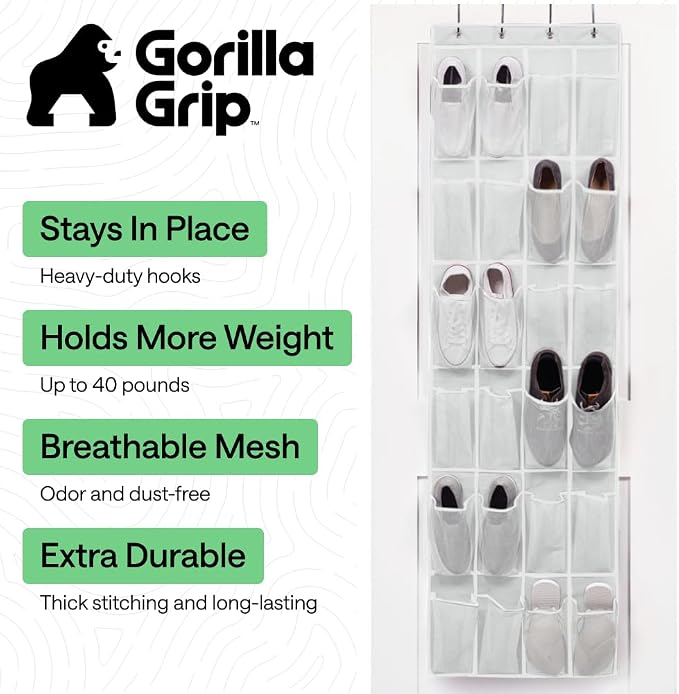 GORILLA GRIP Over the Door Shoe Organizer, 24 Large Pockets, White | Breathable Mesh Pocket, Space Saving Hanging Storage Holder, Closet Rack Hanger for Shoes, Pantry and Bathroom Accessories - Image 2