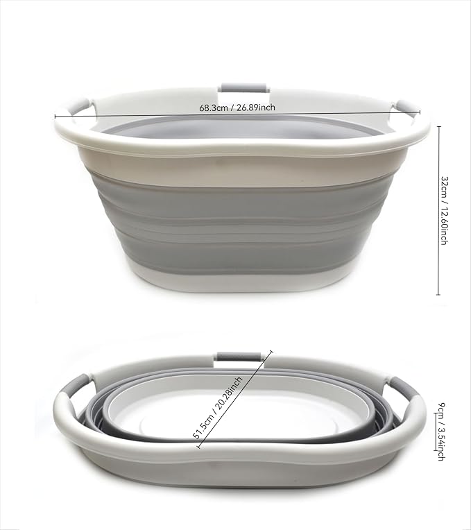 SAMMART 57L (15 Gallons) Collapsible 3-Handled Plastic Laundry Basket - Oval Tub - Portable Washing Tub-Space Saving Laundry Hamper, Water Capacity 44L / 11.6 Gallon (2, Grey/Grey) - Image 3