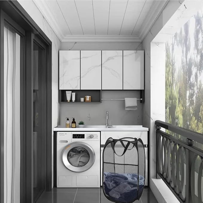 Larpur Popup Mesh Laundry Basket, Collapsible and Portable Clothes Washing Laundry Hamper with Reinforced Carry Handle (Black) - Image 8
