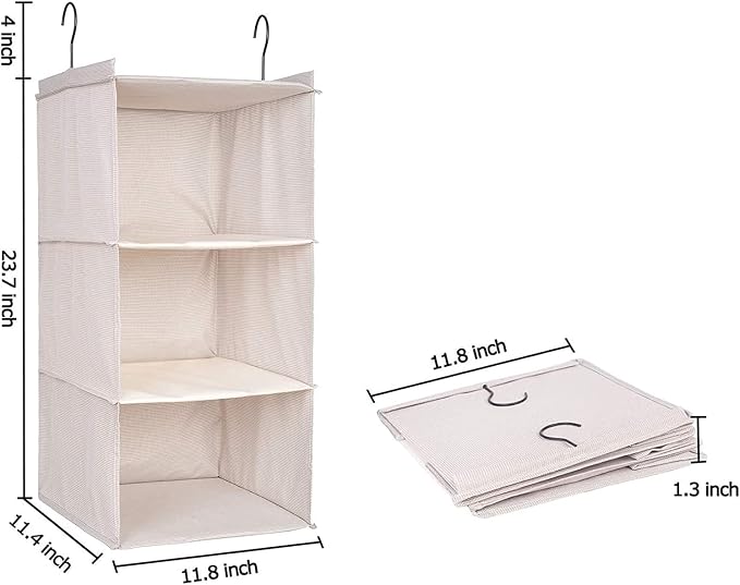 Hanging Closet Organizer 3-Tier, Oxford Wardrobe Storage, Beige Houndstooth | Easy-mount foldable design holds clothes, handbags, shoes & accessories; washable Oxford fabric, sturdy and space-saving. - Image 3
