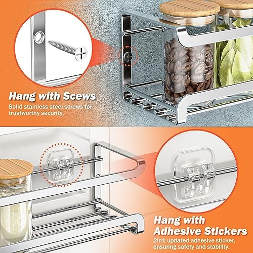 Bunoxea Spice Rack Wall Mounted 4 Pack, Chrome,For Spice Jars & Seasonings - Image 3