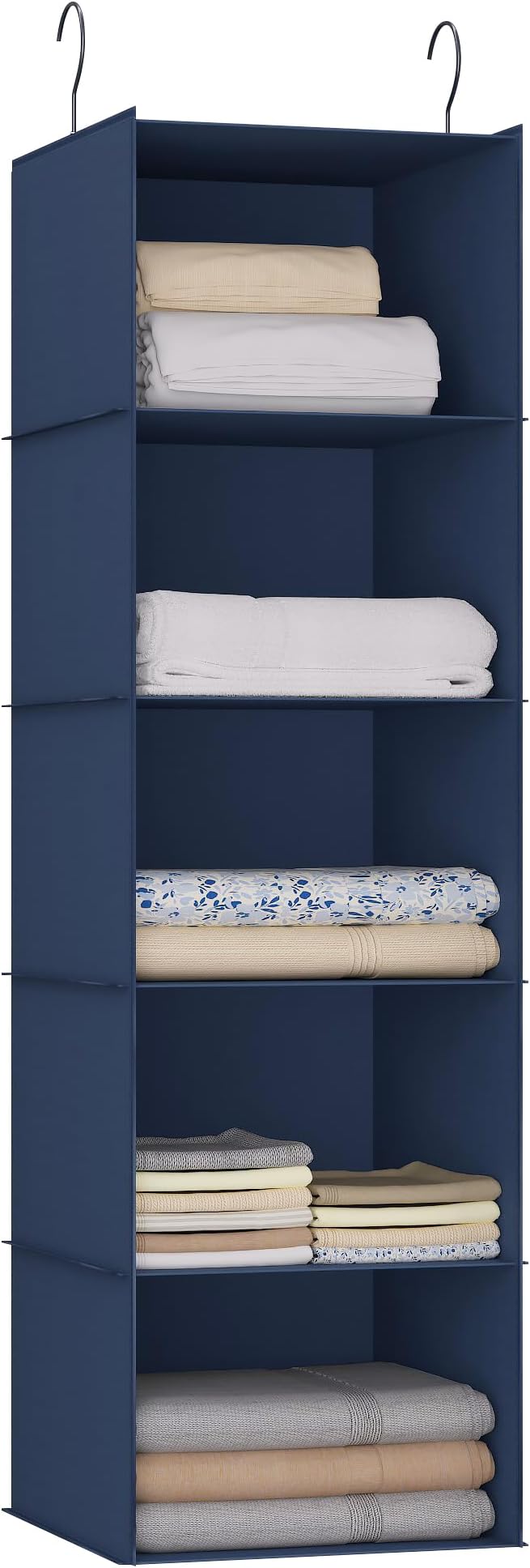 Hanging Closet Organizer 5-Shelf, Oxford Fabric Wardrobe Storage, Navy Blue | Easy-mount foldable design holds clothes, handbags, shoes & accessories; washable Oxford fabric, sturdy and space-saving. by DonYeco