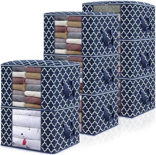 Storage Bags 100L 8 Pack Clothes Organization and Storage Containers | Large Blanketfor Bedding, Comforters, Foldable Organizer with Reinforced Handle, Clear Window, Sturdy Zippers, Blue by WiseLife