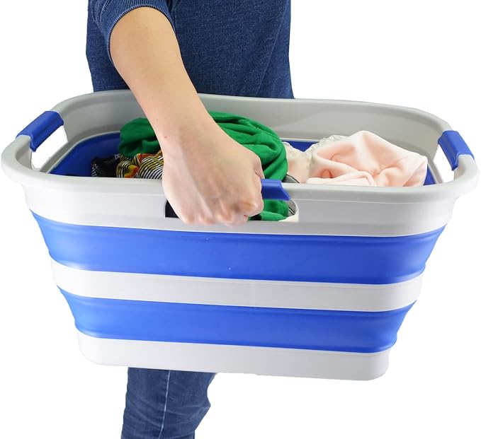 SAMMART 30L(8 gallon) Collapsible Plastic Laundry Basket - Foldable Pop Up Storage Container/Organizer - Space Saving Hamper/Basket - Water Capacity 24L(6.3 gallon) (1, Grey/Purplish Blue) - Image 7