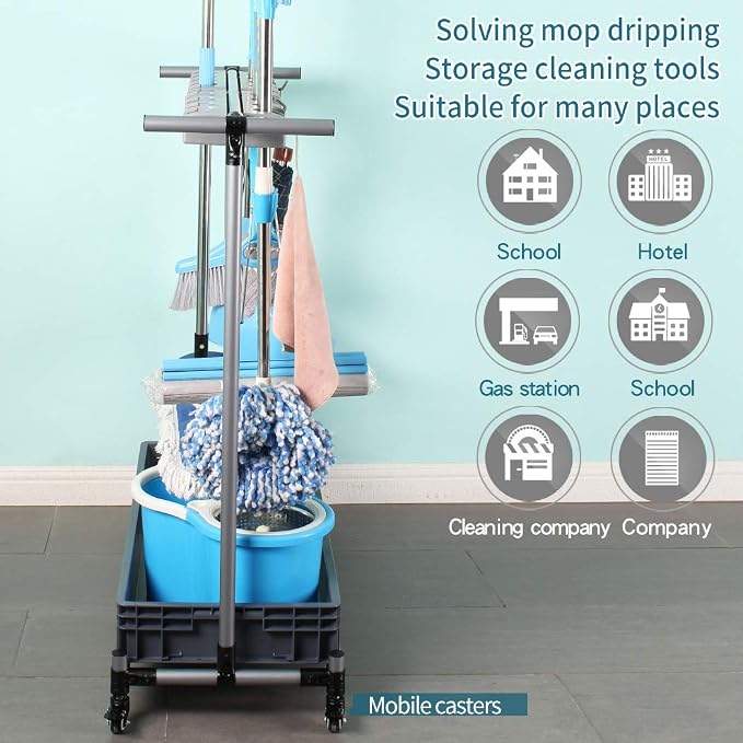 broom and mop holder put wet mops movable Commercial mop rack cleaning tool cart storage for garden garage organizer mop drain rack - Image 3