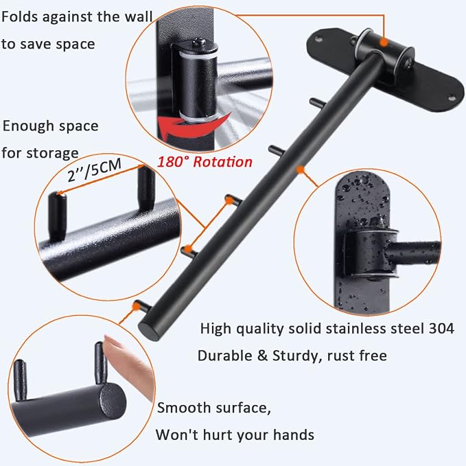 Folding Wall Mounted Clothes Hanger Rack with Swing Arm, Foldable 180°Rotation, Stainless Steel 304 Folding Clothes Hanger Drying Rack Rod, for Laundry Room Valet Hook (Black) - Image 3